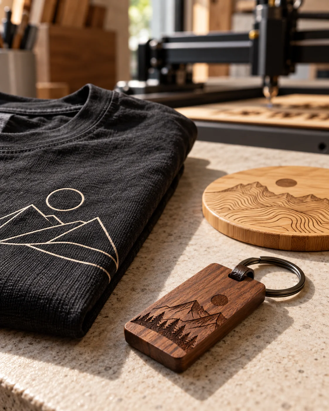 Maglia nera stampata e oggetti in legno incisi su un banco di lavoro